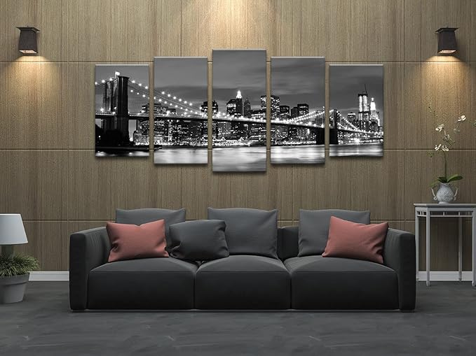 Wieco Art Large Brooklyn Bridge Night View Modern Giclee Canvas Prints Artwork