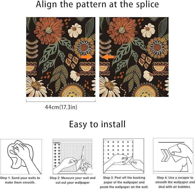 JiffDiff Boho Peel and Stick Wallpaper Vintage Floral Wall Paper Removable Sun