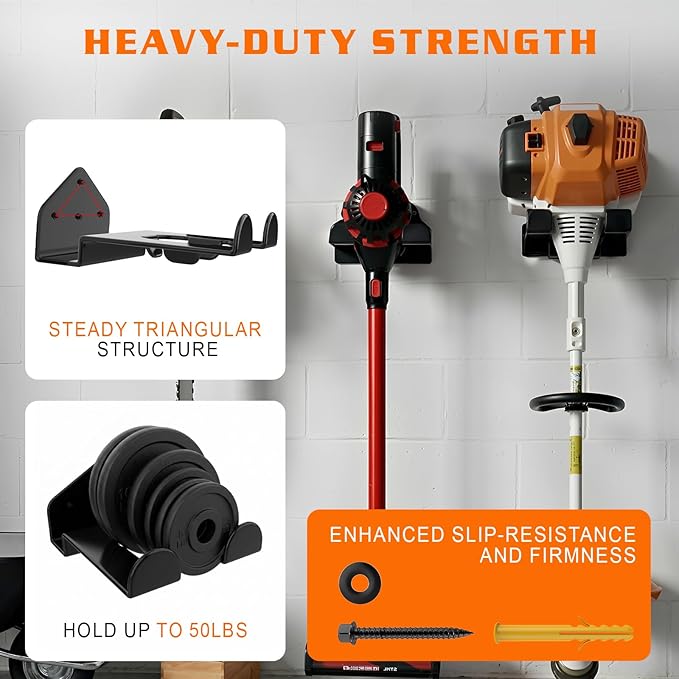 Housolution 8" Trimmer Rack with Rubber Coating, [2 Pack] Heavy Duty Weed Eater Hanger, Garden Power Tool Holder Organizer Hooks for Grass Trimmer, Hedge Trimmer, Garden Tool, Leaf Blower, Chainsaw