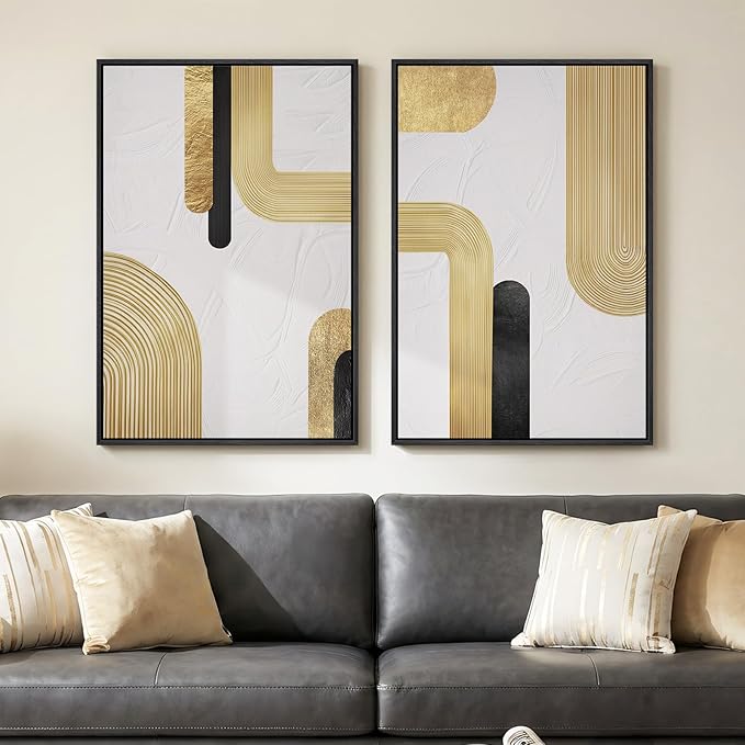 Large Framed Gold Abstract Wall Art Set of 2