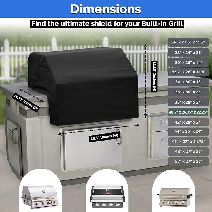 Covers & All Built-in Grill Cover for Outdoor Grill – Heavy Duty 12 oz Waterproof Built-in BBQ Grill Cover, PVC-Coated Polyester with Elastic Hem for Snug Fit (40.5 x 26.75 x 22.25 inches, Black)