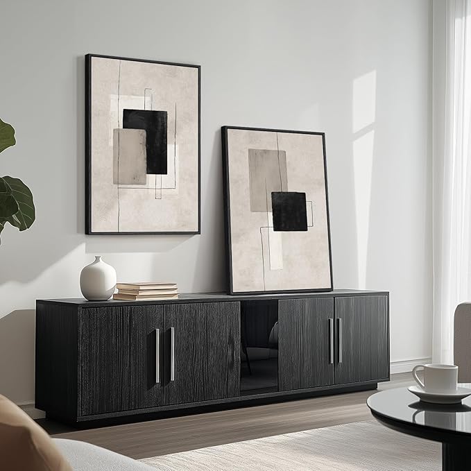 Large Framed Neutral Abstract Wall Art Set of 2, Minimalist Block Lines Pictures