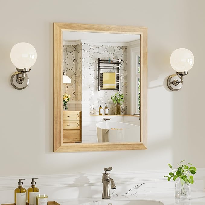 24x30 Inch Bathroom Mirror for Wall, Anti-Rust Oak Wood Grain Metal Framed