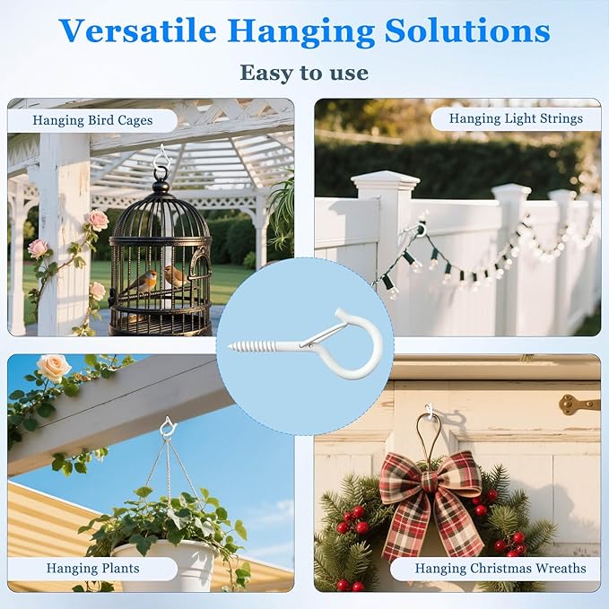 12 Pack Black Screw Hooks with Safety Buckle - 2.3 Inch Rustproof Eye Ceiling Hooks for Hanging Plants,Outdoor String Lights,Baskets,Christmas Lights & Decor,40lb Capacity (12, White)