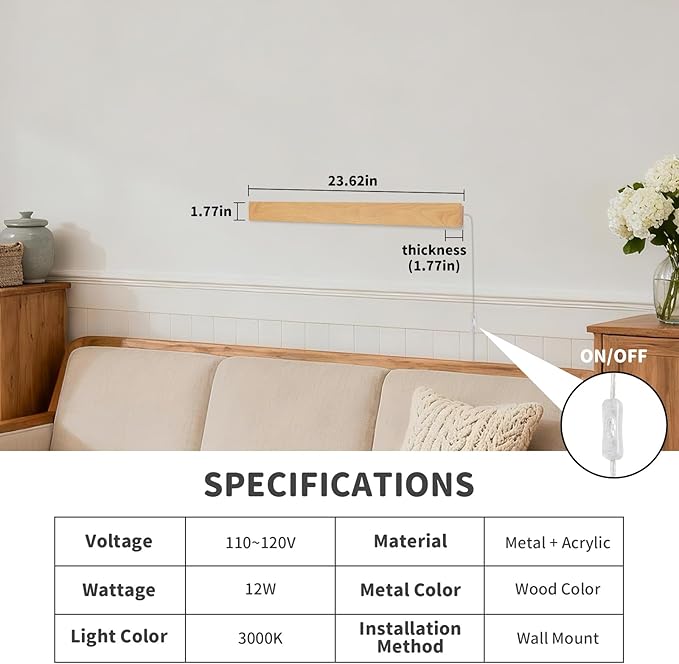 Modern Plug in Wall Sconces, 23.6 inch Faux Wood Texture Finish LED Long Wall