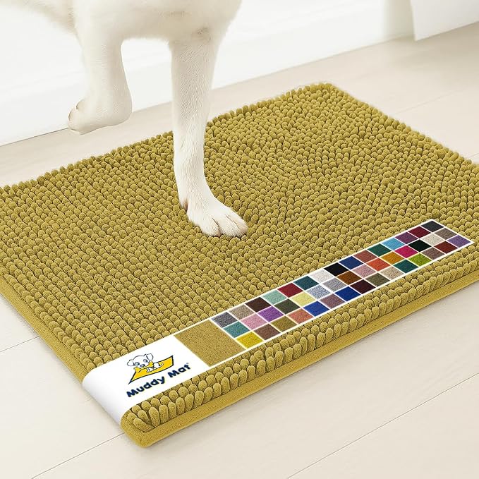 Muddy MatÂ® | Super Water Absorbent Door Mat Indoor, Microfiber Quick Dry Chenille Entryway Rug, Slip Resistant Front Door Mat, Indoor Mats for Entryway, Machine Washable Pet Rug, Mustard 26" x 42"