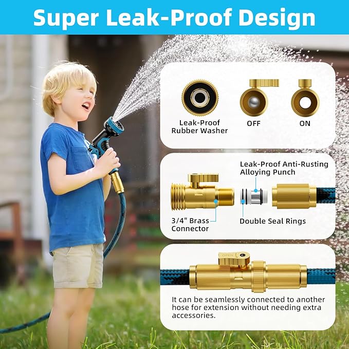 Garden Hose, Non-Expandable Water Hose 100ft, Flexible, Kink & Leak Proof Water Pipe with 10-Function Spray Nozzle, Lightweight Outdoor Hose for Yard, Lawn, Car Wash, RV and Home Use