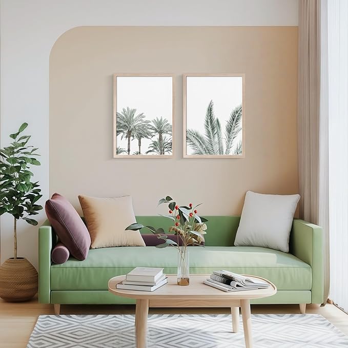 Framed Vintage Canvas Wall Art Palm Tree Leaves Poster Picture Modern Countryside Painting Nature Scenery Contemporary Home Print Living Room Gallery Office Ready to Hang 16x24 Inch x2