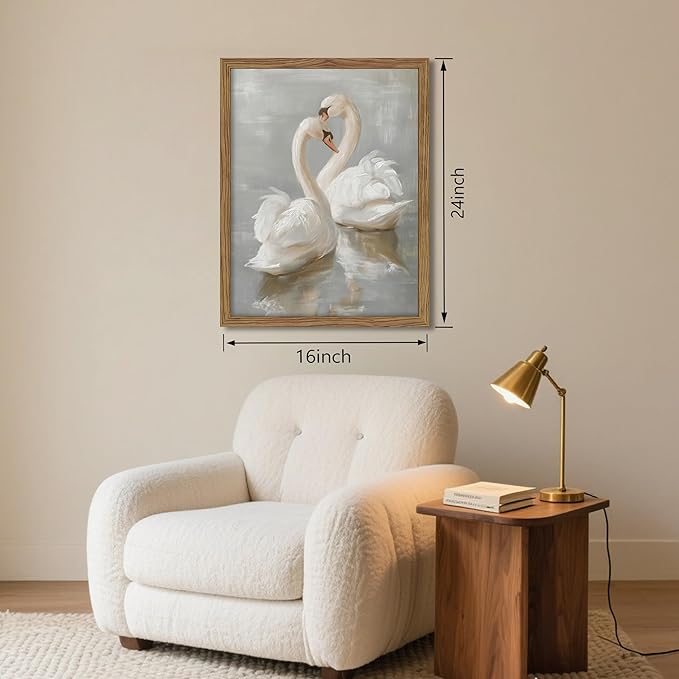 Framed White Swan Canvas Wall Art – Vintage Romantic Swan Oil Painting