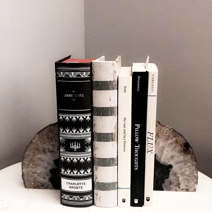 JIC Gem Black Agate Bookend(s) geode bookends Large Book Ends for Shelves 1 Pair 6 to 8 Lbs Book Ends to Hold Books Heavy Duty from Brazilian with Rubber Bumpers for Office and Home Decoration