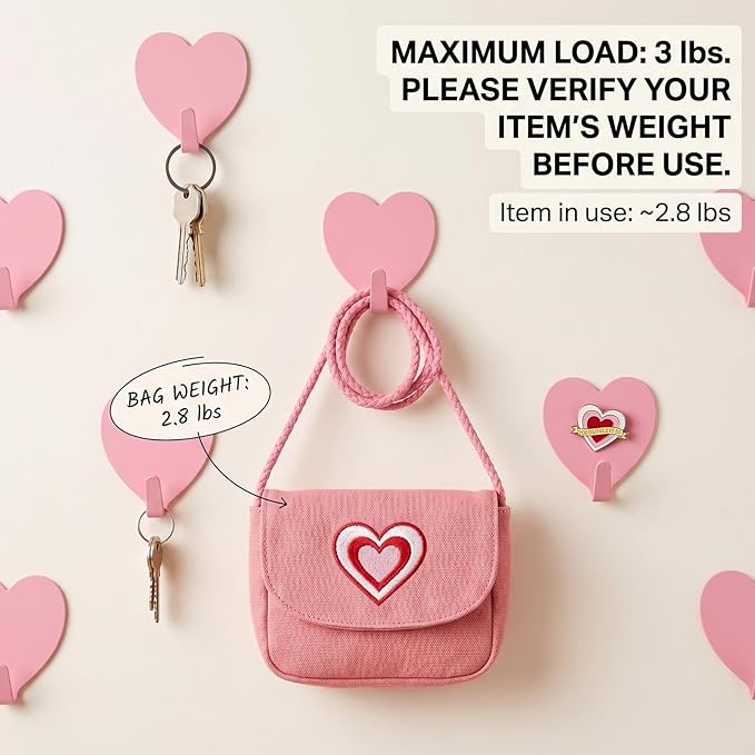 Heart Wall Hooks, 8 Pack, Small Pink Decorative Accessories, Purse Hanger