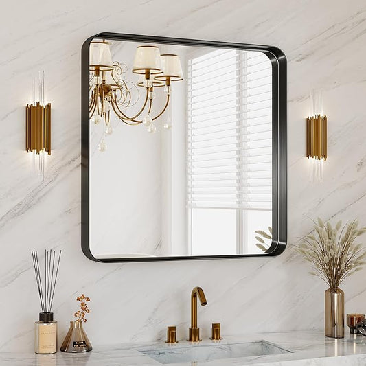 Bathroom Mirror for Wall, 30 Inch Square Mirror, Matte Black Metal Framed