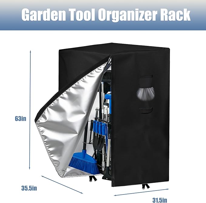 Garden Tool Organizer Rack Cover, 35.4"x31.5"x63", All-Weather Water-Resistant Cover, 420D Oxford Fabric, Easy-Access Tape Closures, Handles and Ventilation for Outdoor Storage, Only Cover