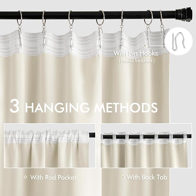 MIULEE Beige White Back Tab Blackout Curtains 84 Inch Length 2 Panels Set