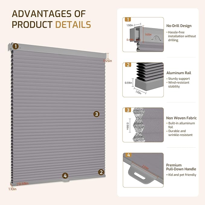 Grandekor No Drill No Tools Cordless Cellular Shades, UV Protection Privacy No