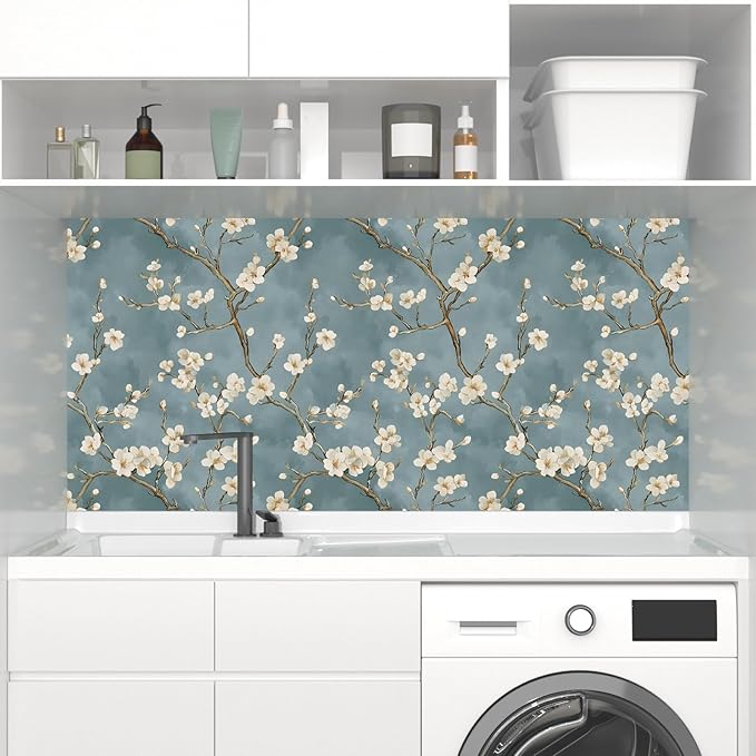 Blue Floral Wallpaper Peel and Stick Vintage White Flowers Contact Paper Vinyl