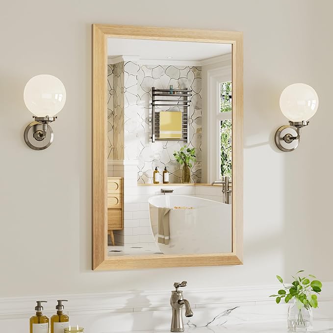 24x36 Inch Bathroom Mirror for Wall, Anti-Rust Oak Wood Grain Metal Framed