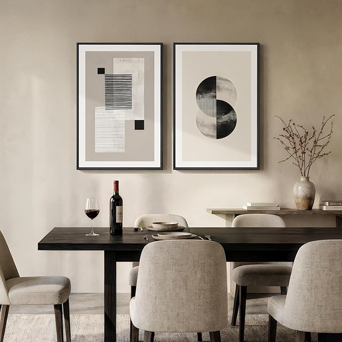 Large Framed Black and White Neutral Abstract Wall Art
