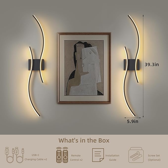 Battery Operated Wall Sconce Set of 2, Dimmable Modern LED Rechargeable Wall