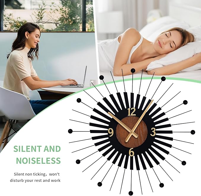 22 Inch Modern Sunburst Wall Clock Battery Operated, Silent Quartz Movement