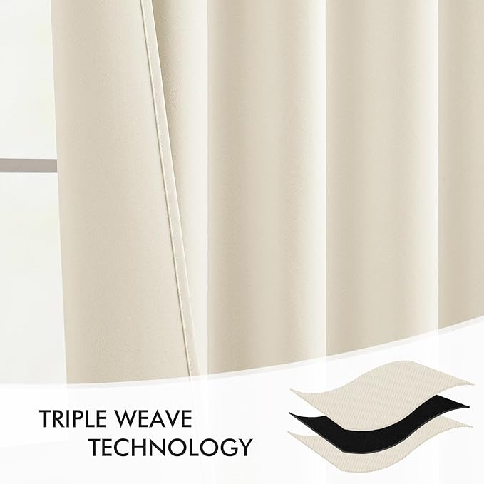MIULEE Beige White Back Tab Blackout Curtains 90 Inches Long 2 Panels Set