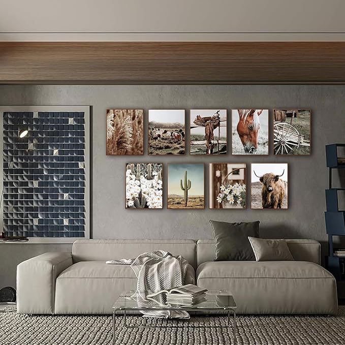 tgguytiy 9 Pcs Western Vintage Farmhouse Poster Canvas Wall Art Highland cattle