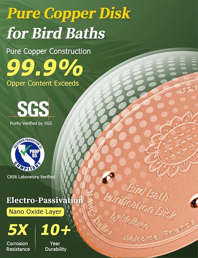 Mellbree 2-Pack Bird Bath Copper Disc, 0.6mm Reinforced 99.99% Pure Copper Cleaning Disk with Triple-Point Support for Physical Safe Clean Water, Universal Fit for Outdoor Birdbath, Bowl (Sunflower)
