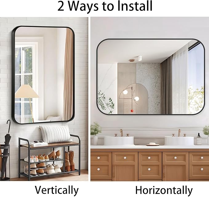 20x30 Inch Black Wall Mirror for Bathroom, Brushed Metal Framed Mirror