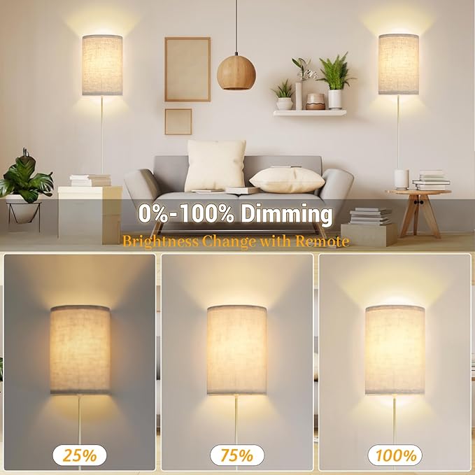 FINCMY Wall Sconce Light Plug in, Dimmable Sconces Wall Decor Set of 2