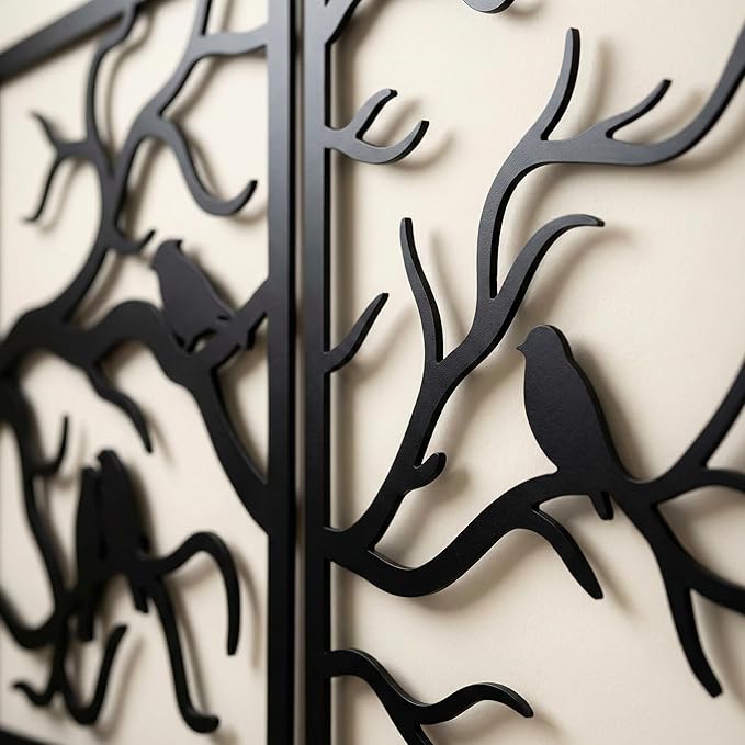 DEKADRON Metal Wall Art, Birds on Branch 3 Pieces Decor, Metal Tree Wall Art, Tree Sign, Metal Wall Décor, Interior and Outdoor Decoration, 3 Panels Wall Hangings (91" W x 30" H / 232x75cm)