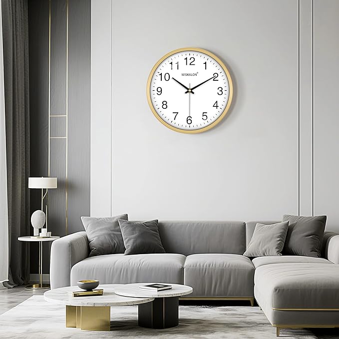 WISKALON 10 inch Wall Clock, Silent Non-Ticking Elegant Golden Frame Clock