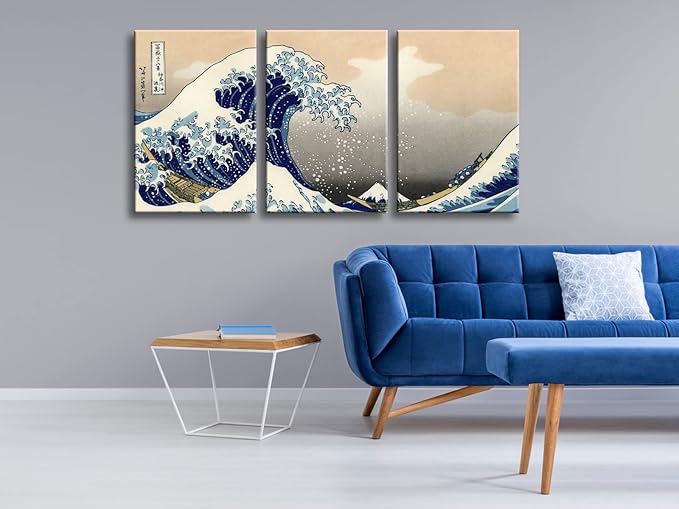 Wieco Art Great Wave of Kanagawa Katsushika Hokusai 3 Piece Modern Stretched