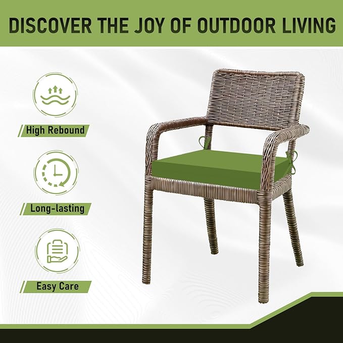 Basic Beyond Outdoor Chair Cushions Set of 6, Square Corner Outdoor Cushions for Patio Furniture, Water Resistant Patio Chair Cushions with 2 Ties, 18.5x16x3, Grass Green