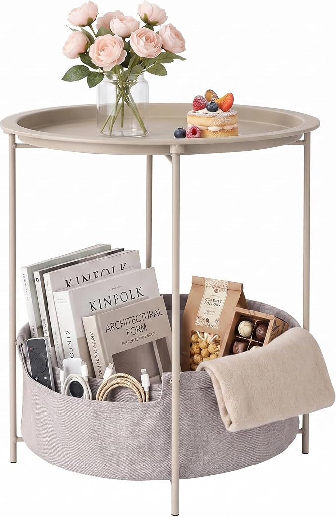VECELO Round Side/End Table with Fabric Storage Basketï¼Metal Anti-Rust and Waterproof Small Bedside Nightstand with Removable Tray Top for Living Roomï¼Balcony & Laundryï¼Grey /1pcs with Basket