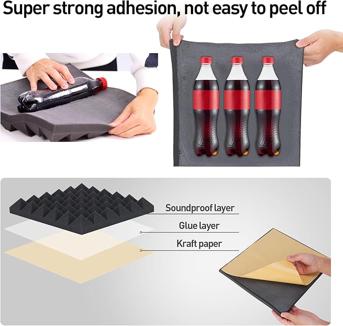 24 Pack Self-Adhesive Acoustic Foam Panels, Fire Resistant Soundproof Wall