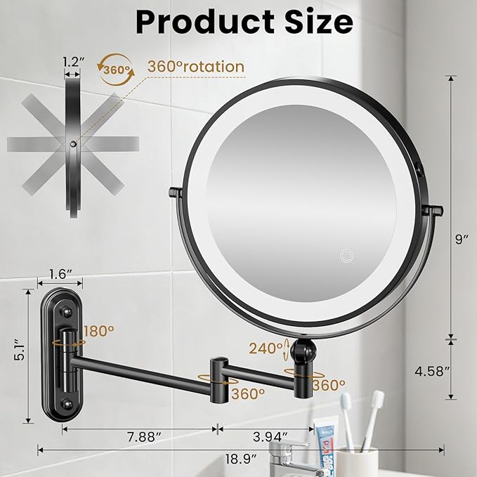 9" Wall Mounted LED Lighted Makeup Vanity Mirror - 4000mAh Rechargeable Double