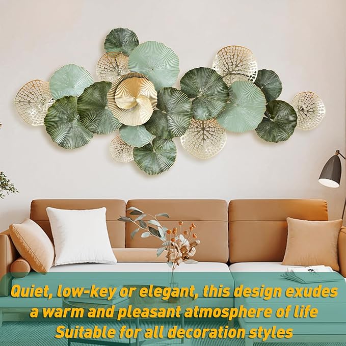 edaknez Metal Wall Art Decor, Large Metal Wall Art, 3D Flower Leaves Wall Decor, Modern Lotus Decoration for Indoor Outdoor Living Room Bedroom, Green & Gold (C 135x64x6cm)