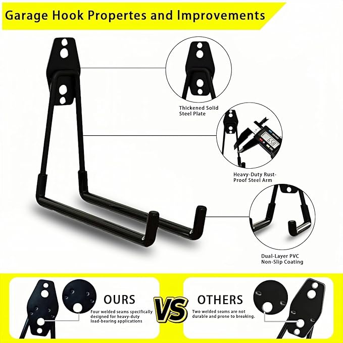 6 Pack Garage Hooks Heavy Duty with Anti-Slip Coating, Steel Utility Ladder Hooks for Hanging Garden Tools, Hoses, Ropes, Bikes and More (7.7in)