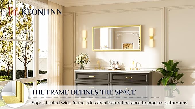 Keonjinn 48" x 24" Gold Bathroom Vanity Mirror, Brushed Gold Wall Mirrors Full