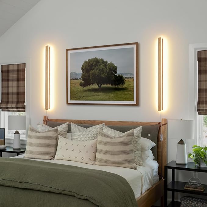 Modern Plug in Long Wall Sconce, 31.4 inch Faux Wood Texture Finish LED Wall