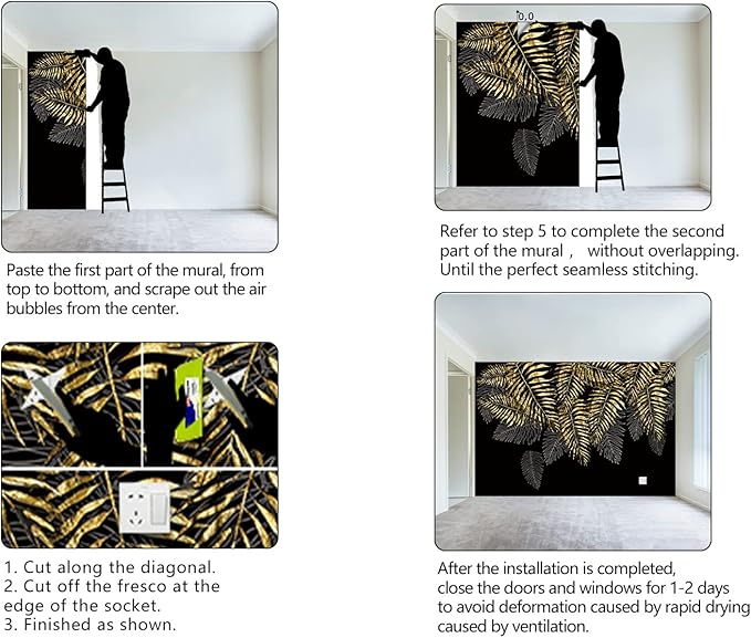 Black and Gold Leaf Mural Bedroom Tropical Botanical Wallpaper Room Plant Decor
