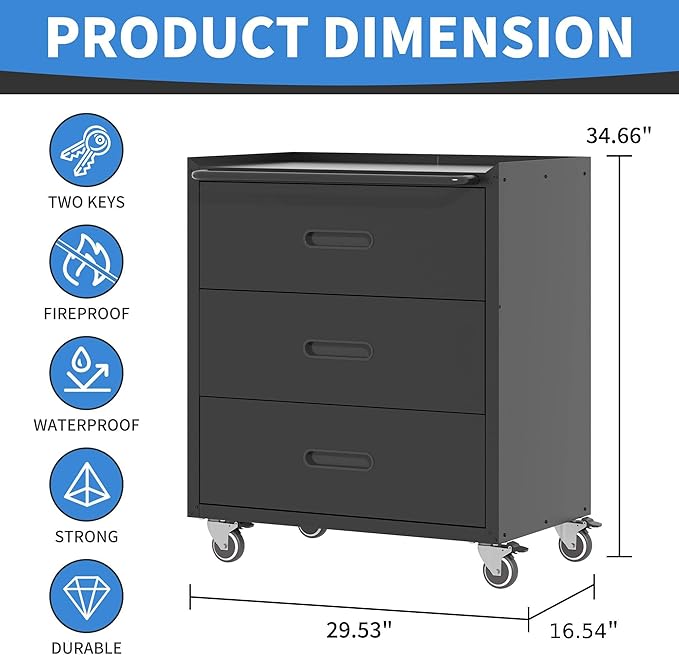 Metal Storage Cabinet with Wheels, Garage Storage Cabinet with 3 Drawers