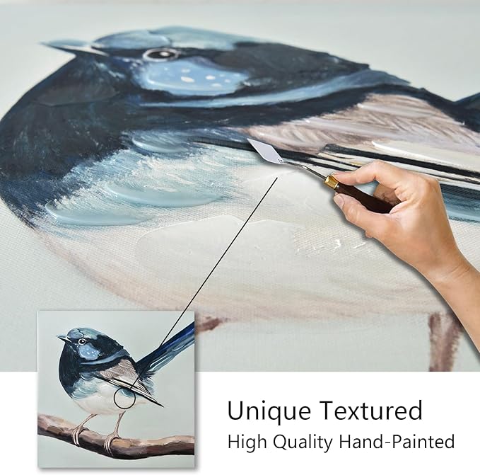 JolyWell Hand-Painted Bathroom bird wall artt, Sparrow canvas Wall Picture,3D Effect Nature Poster painting Bluebird Artwork on Canvas for Kids Room Living Room Bedroom or Gift 16x16 in