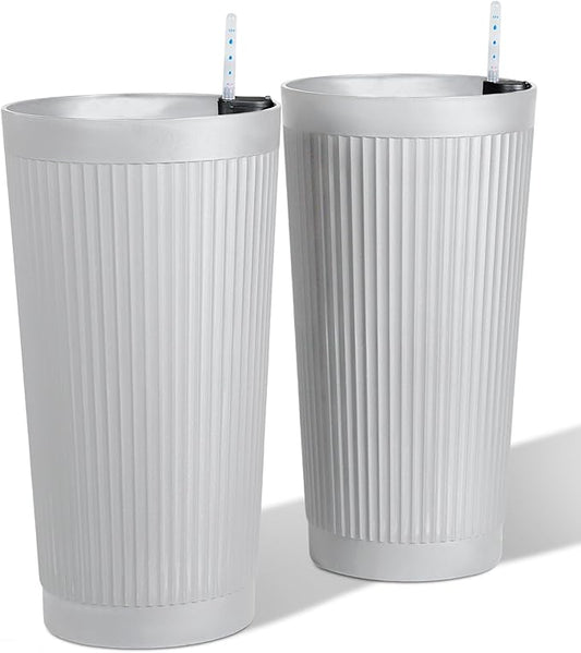 24â Tall Outdoor Planters Set of 2, Self Watering Flower Pots White Planters for Outdoor Plants, Modern Plastic Tall Planter for Front Porch, with Drainage Hole (Ribbed)