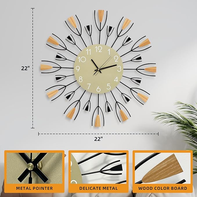 24 Inch Large Modern Wall Clock – Mid Century Sunburst Decorative Silent