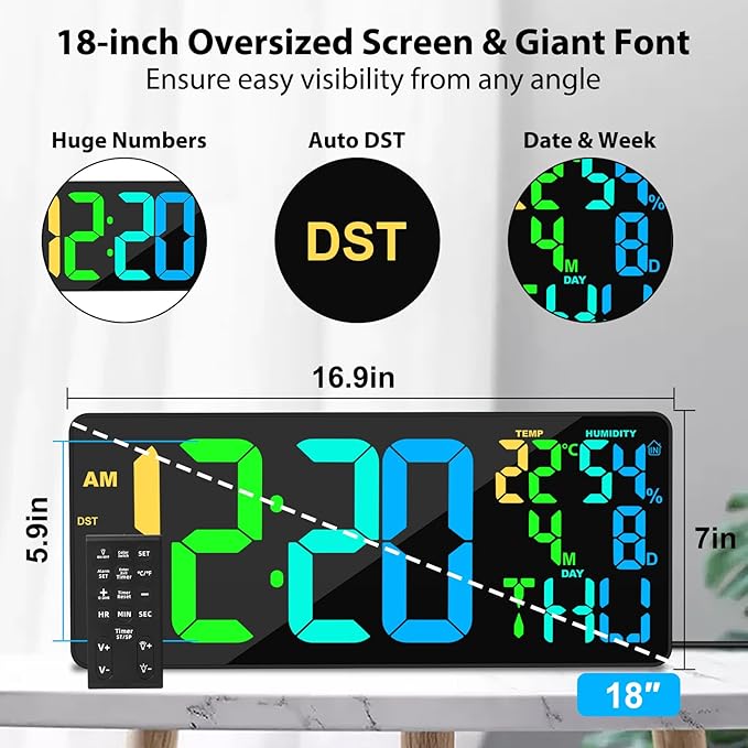 18" Digital Wall Clock Large Display, 11 RGB Color Changing Large Digital Wall