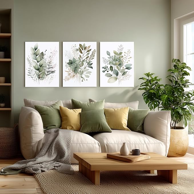 LLEEMPI Framed Sage Green Wall Art Set of 3, Modern Watercolor Botanical Wall