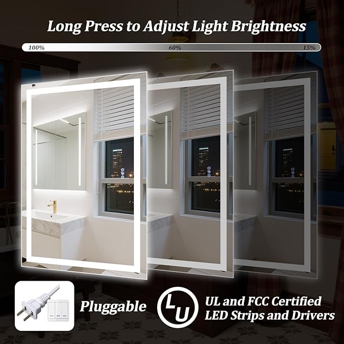 LED Bathroom Mirror with Lights, Backlit + Front Lit, 3 Color Modes, Memory