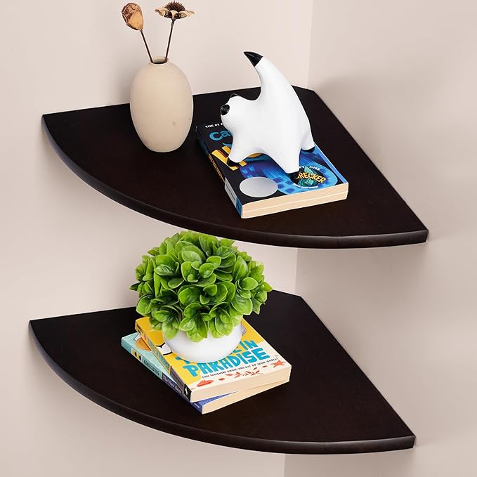 Gieanoo Floating Corner Shelves Set 2 16inch Walnut Solid Oak Rounded Corner
