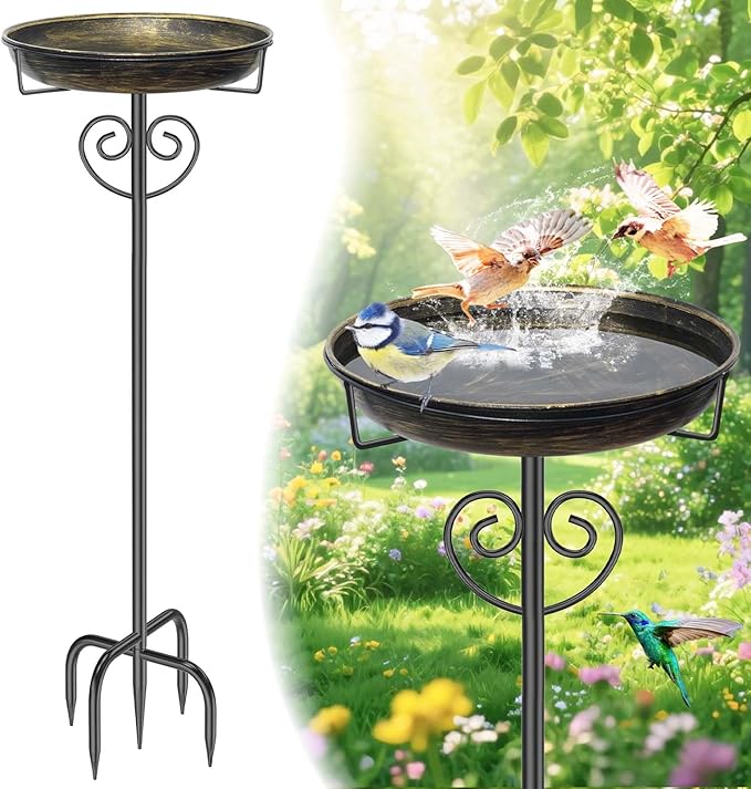 Metal Bird Bath for Outdoor, Garden Freestanding Birdbaths & Birdfeeders with Removable Bird Baths Feeder Bowl with 5 Prong Base Stake for Outside Garden Patio Yard Lawn Decor (Vintage Gold)
